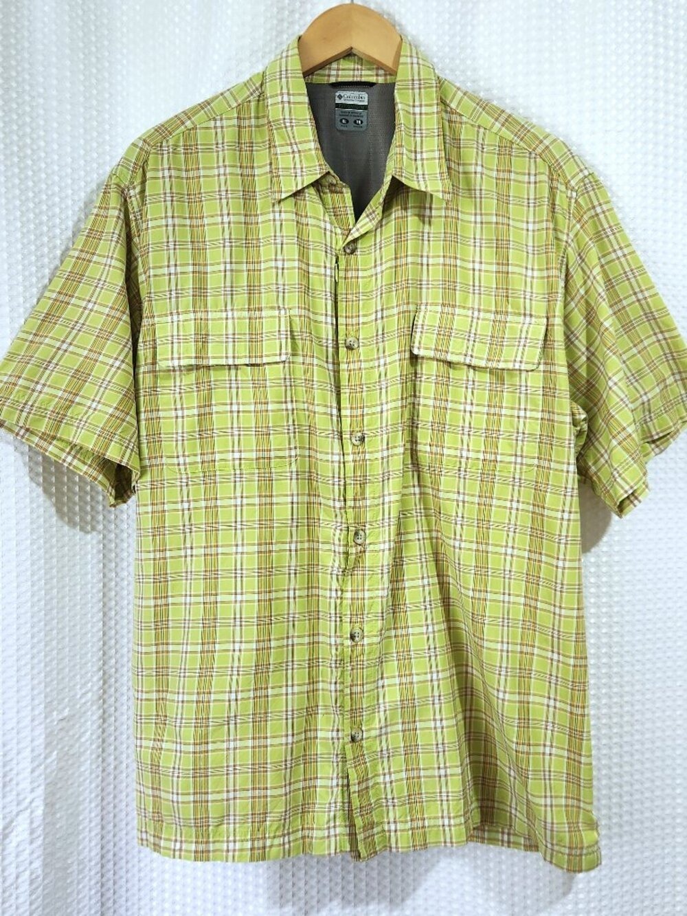 Vintage Columbia Titanium Shirt XL Plaid Green Nylon Hidden Zip Pocket Techwear